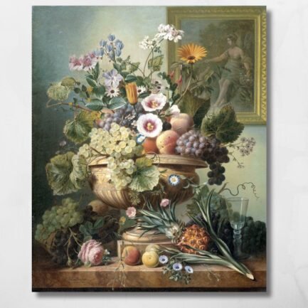 still life with flowers and fruits